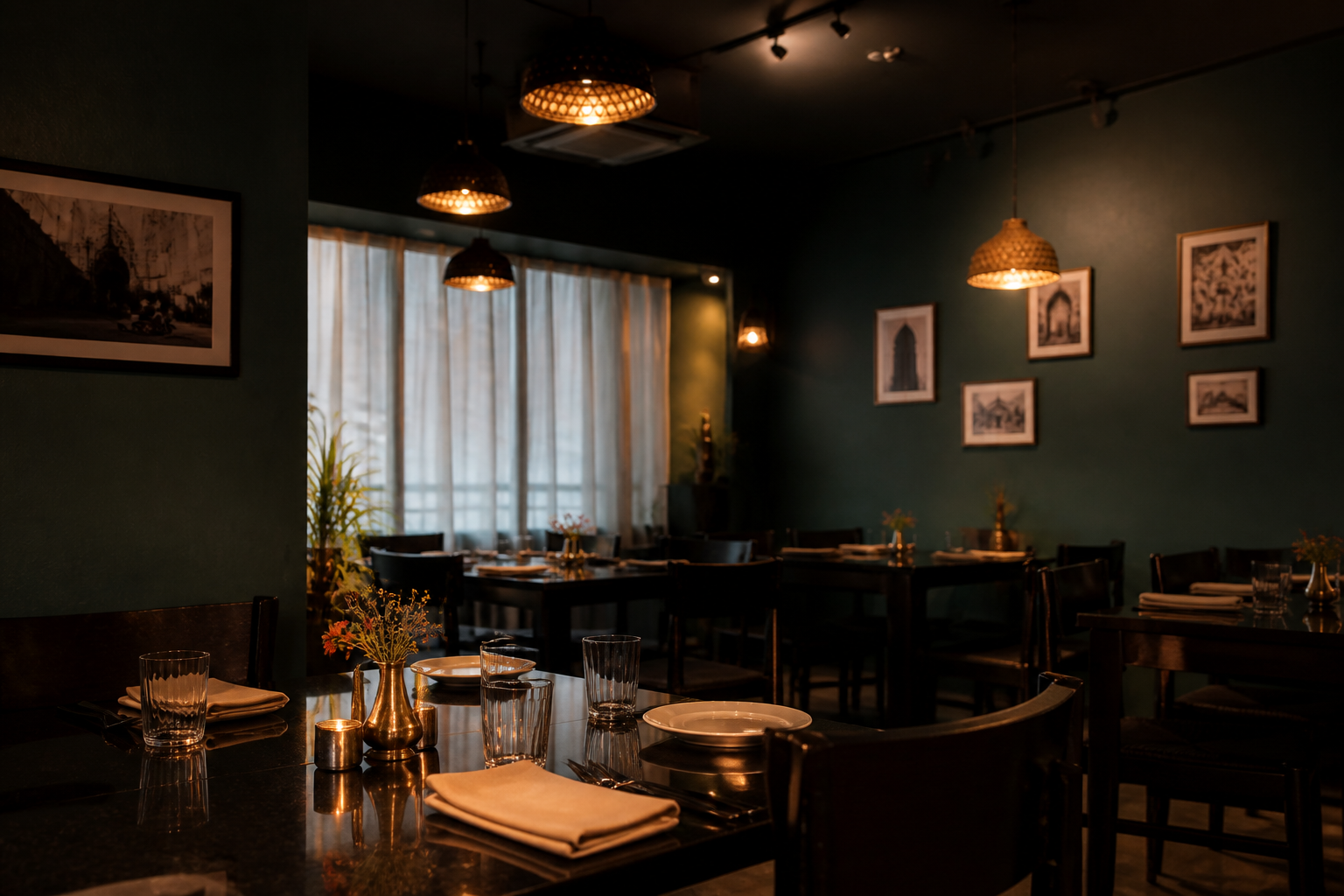 Warmly lit teal dining room with tables set for service