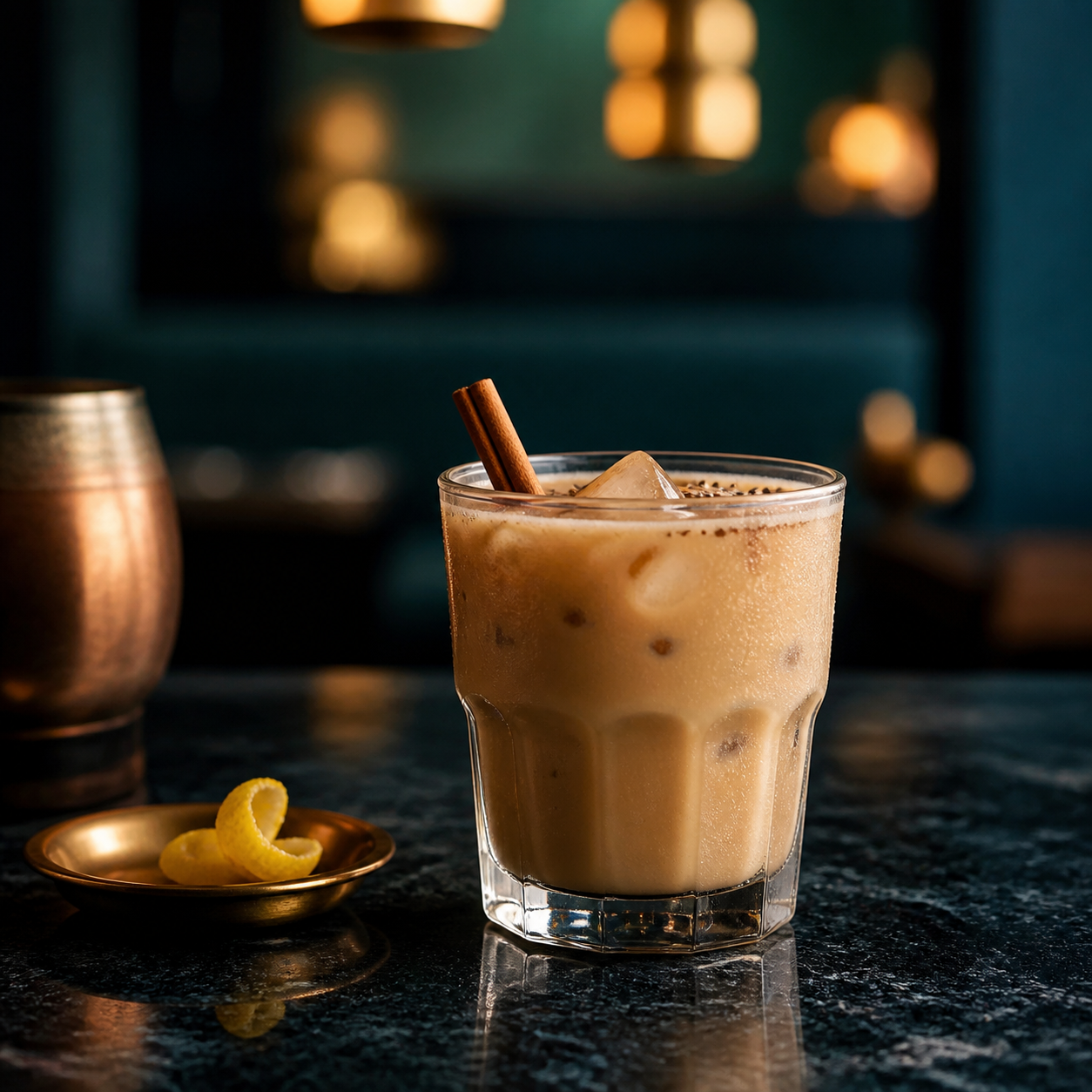 Iced masala chai in a faceted glass