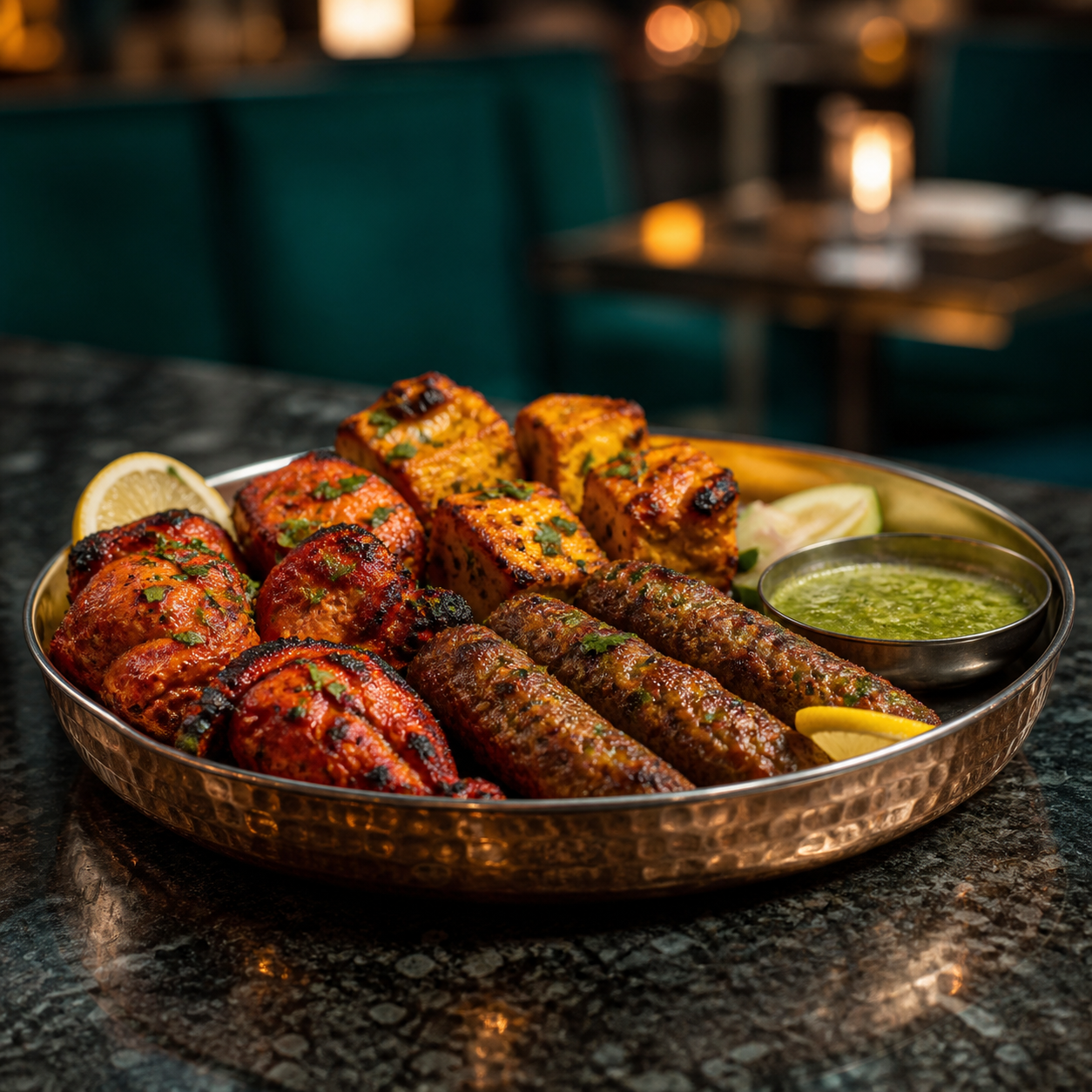 Tandoor platter with tikka, seekh kebab and green chutney